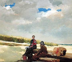 A painting of two people sitting at the beach on a cold, overcast day.